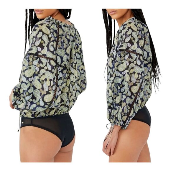 FREE PEOPLE Women SZ L Off-Shoulder Boho Paisley Print Bodysuit Top Long Sleeves - Picture 2 of 14